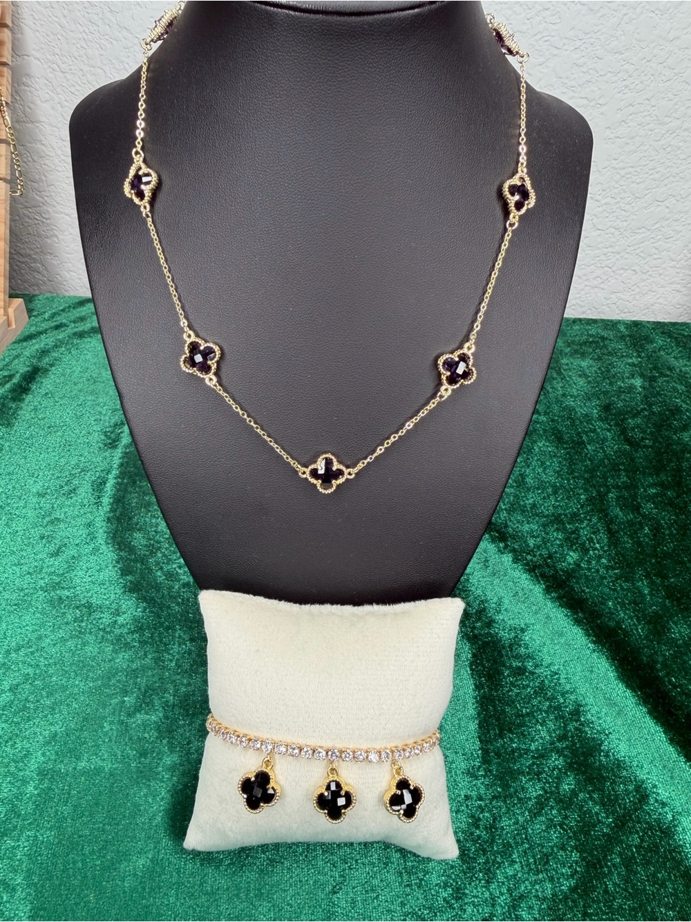14K Gold Plated Black Clover Necklace and Bracelet Set